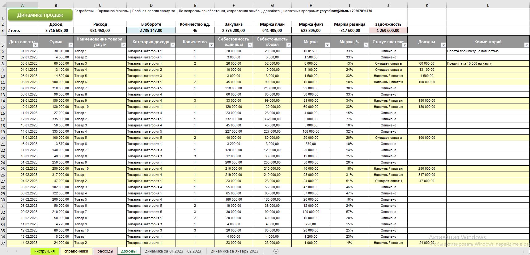 Таблица Excel: Учет продаж